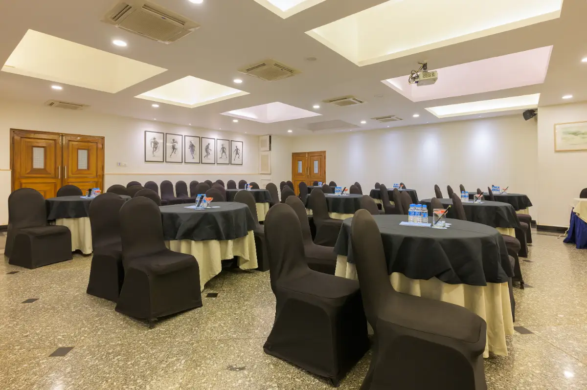 Corporate hall with elegant chairs and tables placed conveniently in a beachside resort in candolim beach north goa